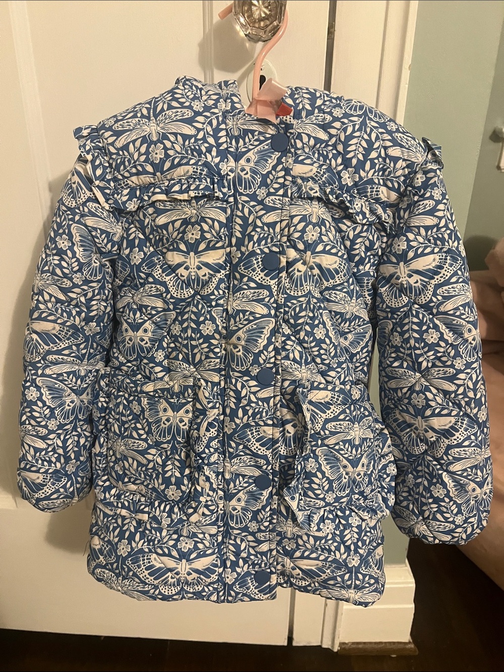 Boden Blue and White Floral-Print Quilted Puffer Coat with Hood